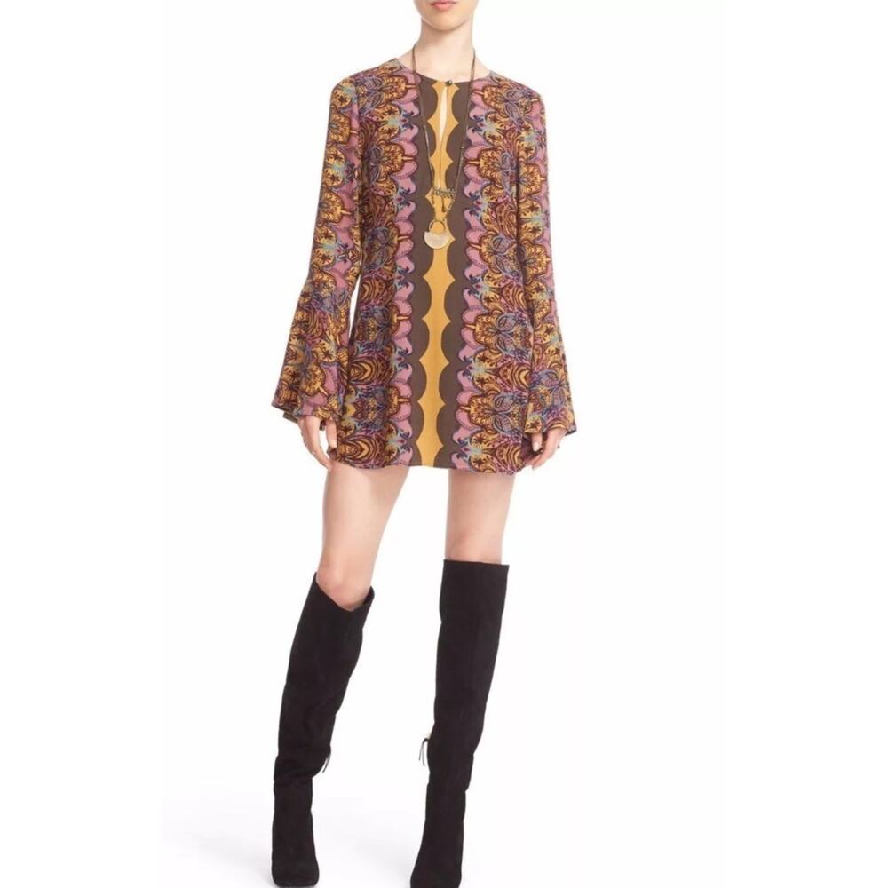 FREE PEOPLE Sz 6 Gold/Brown OSSIE VIBES Bell Sleeve Tunic Mini Dress NWT $128 - Picture 7 of 10